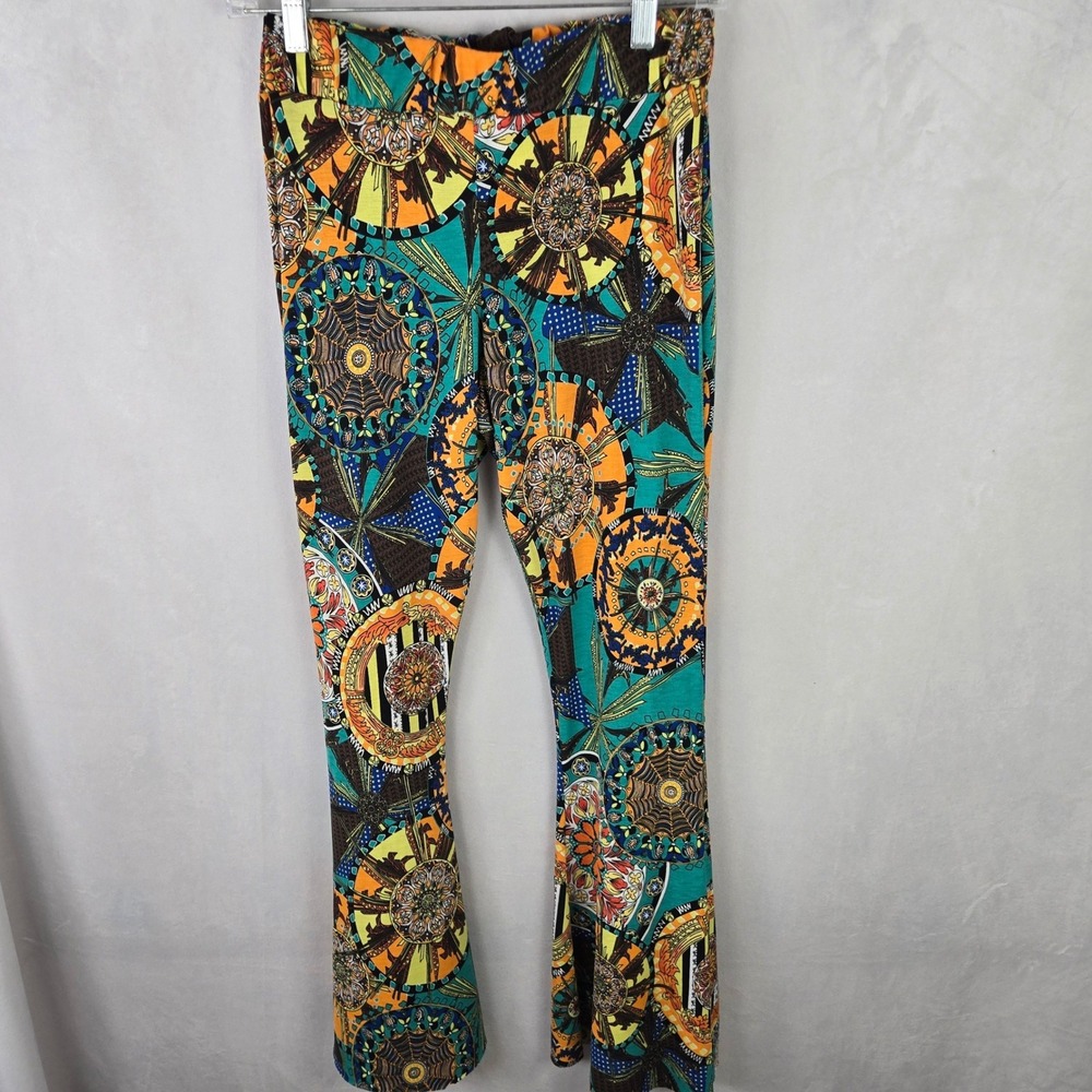 Topia Women Multi Color Medallion Boho Flare Leg Bell Bottom Pants M Stretch USA